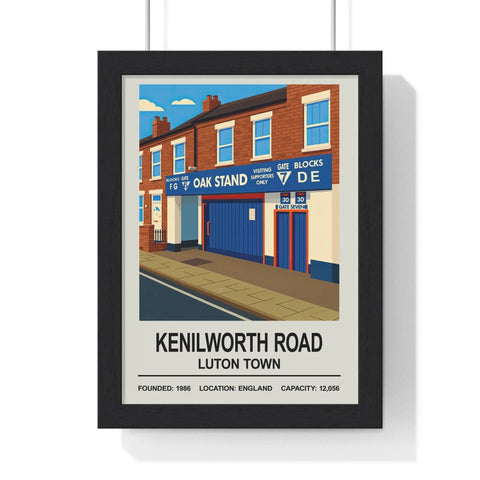 Black-framed poster featuring stylized oak stand illustration at kenilworth road luton town stadium print