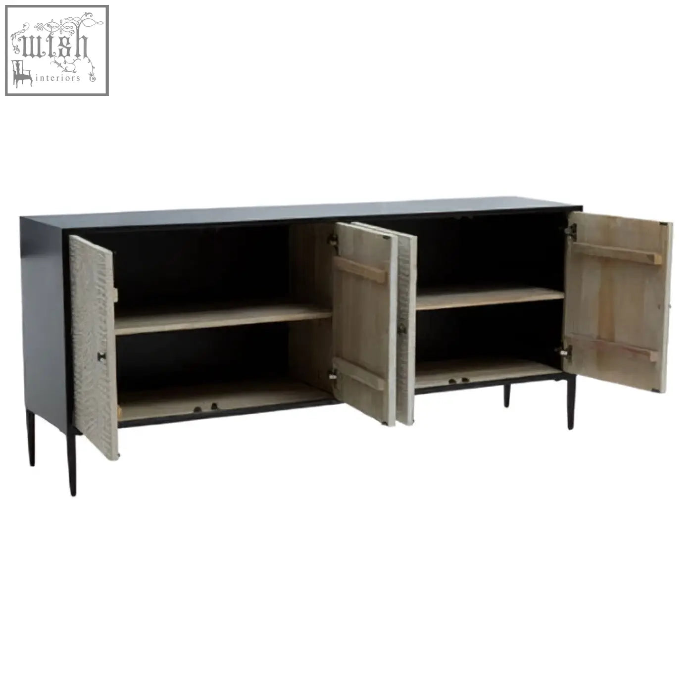 Black and beige luxor 4 door sideboard with decorative textured doors made from recycled pine wood