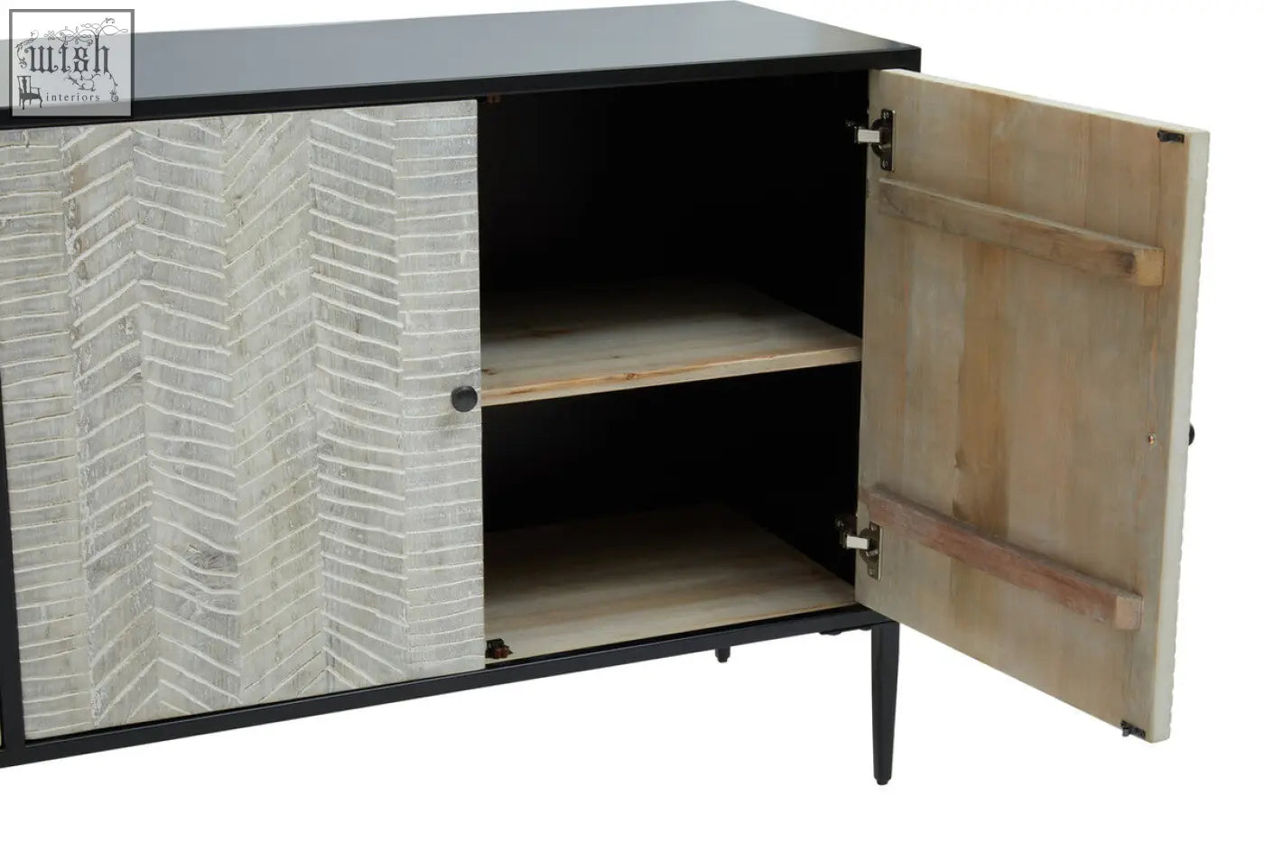 Black-framed luxor 4 door sideboard with herringbone gray door recycled pine wood and natural pine wood interior
