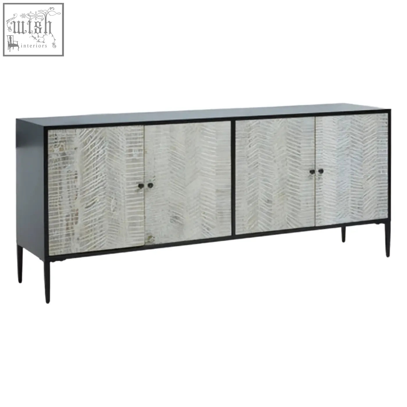 Black-framed luxor 4 door sideboard with textured gray white herringbone pattern made of recycled pine wood