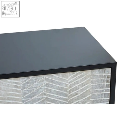 Black-framed luxor 4 door sideboard with textured translucent glass and door recycled pine wood panels