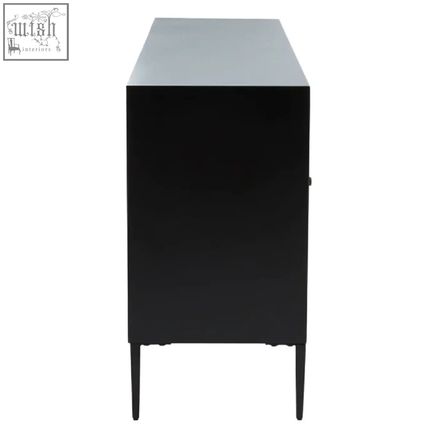 Black minimalist sideboard with sleek design and slender legs made from door recycled pine wood for modern living room