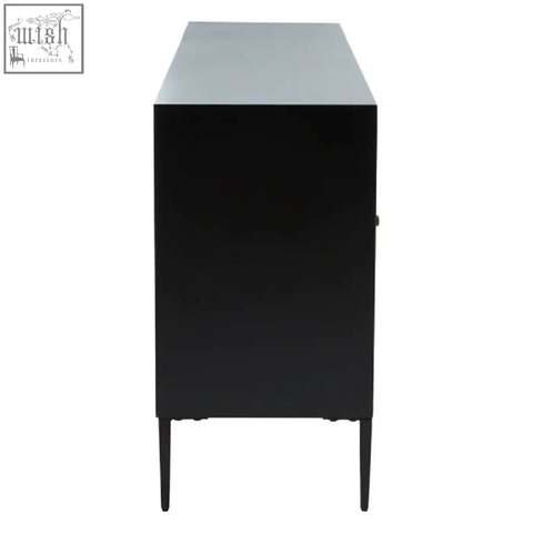 Black minimalist sideboard with sleek design and slender legs made from door recycled pine wood for modern living room