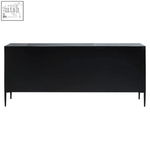 Black minimalist luxor 4 door sideboard with sleek design and slender legs made of recycled pine wood