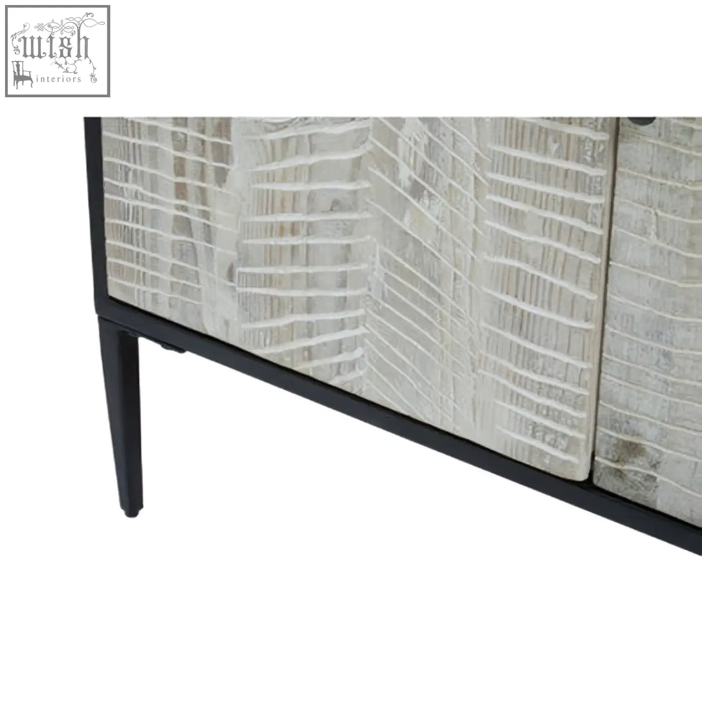 Luxor 4 door recycled pine wood sideboard with sleek black metal frame and mirrored doors textured like crocodile skin