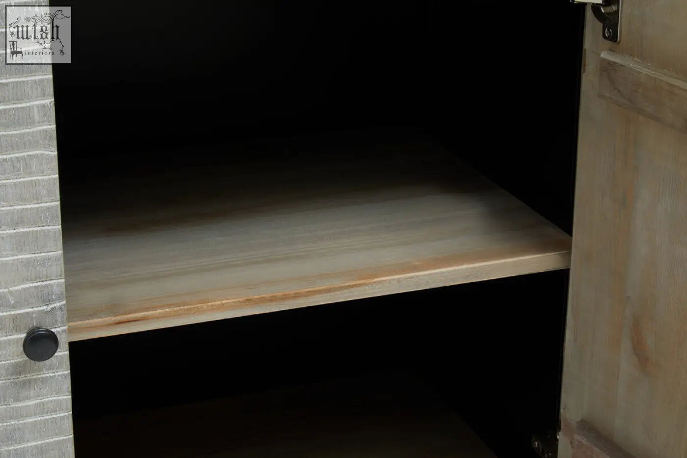 Luxor 4 door sideboard with gray textured door and black knob made from recycled pine wood for stylish storage