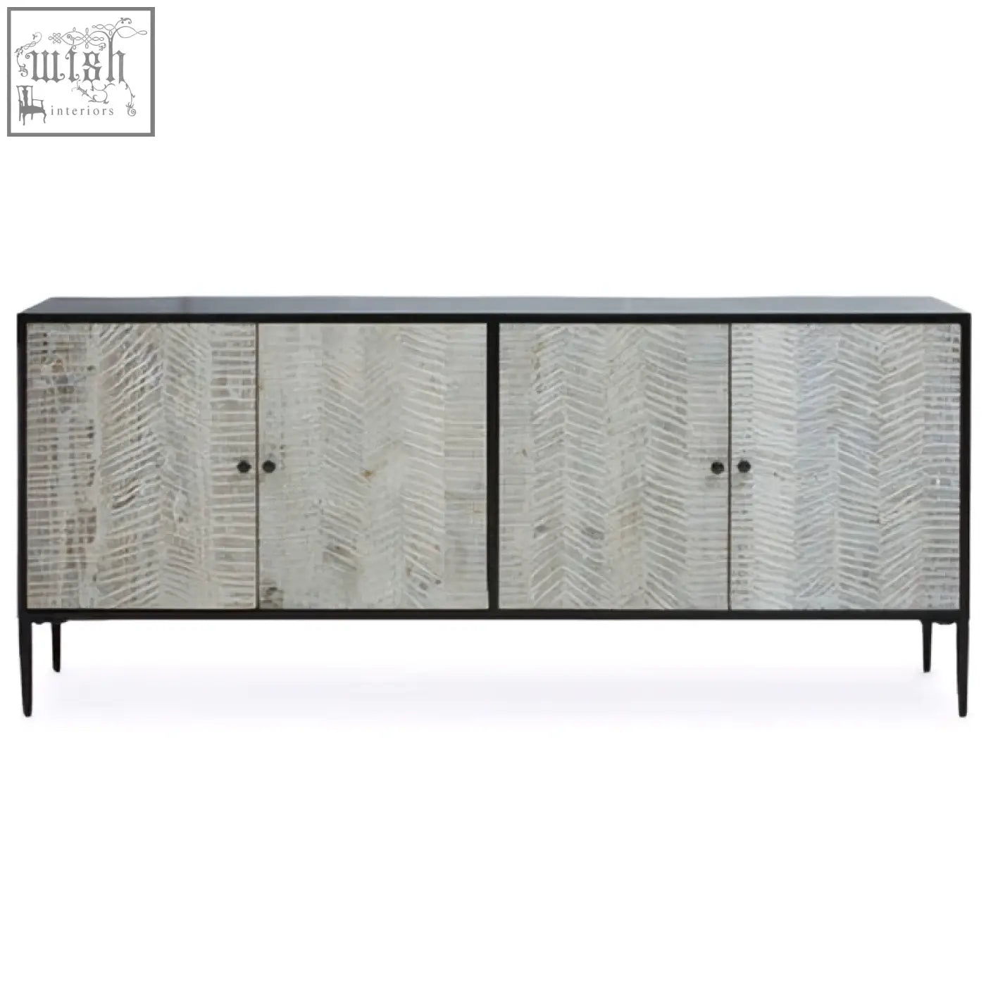 Modern gray herringbone sideboard with black metal frame featuring door recycled pine wood for stylish storage