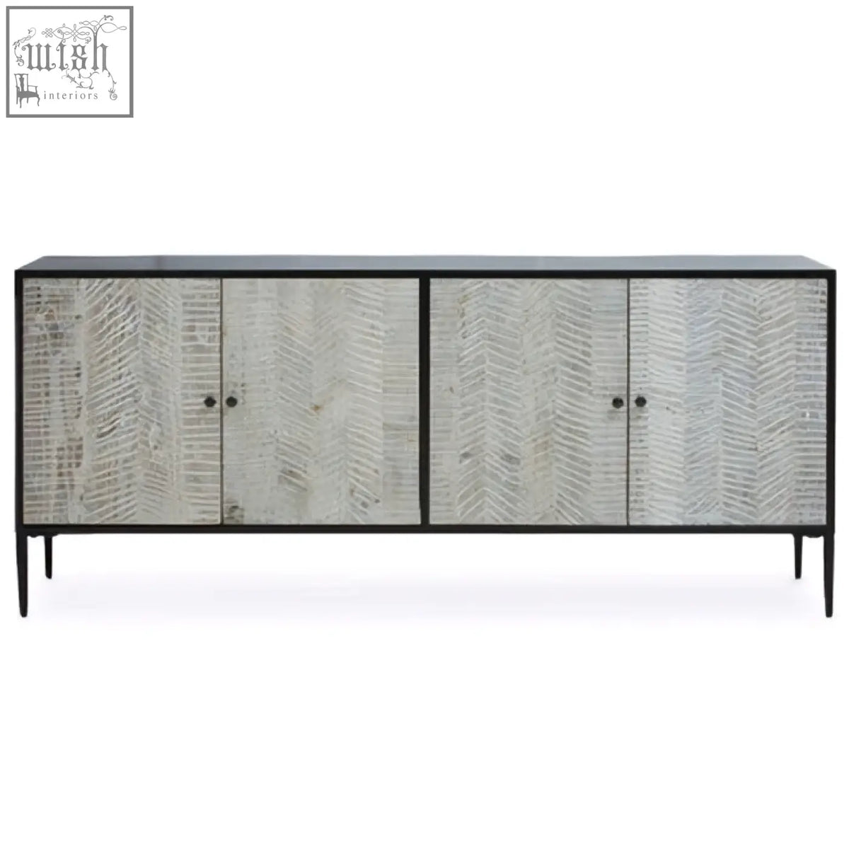 Modern gray herringbone sideboard with black metal frame featuring door recycled pine wood for stylish storage