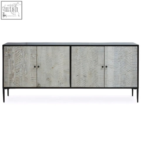 Modern gray herringbone sideboard with black metal frame featuring door recycled pine wood for stylish storage