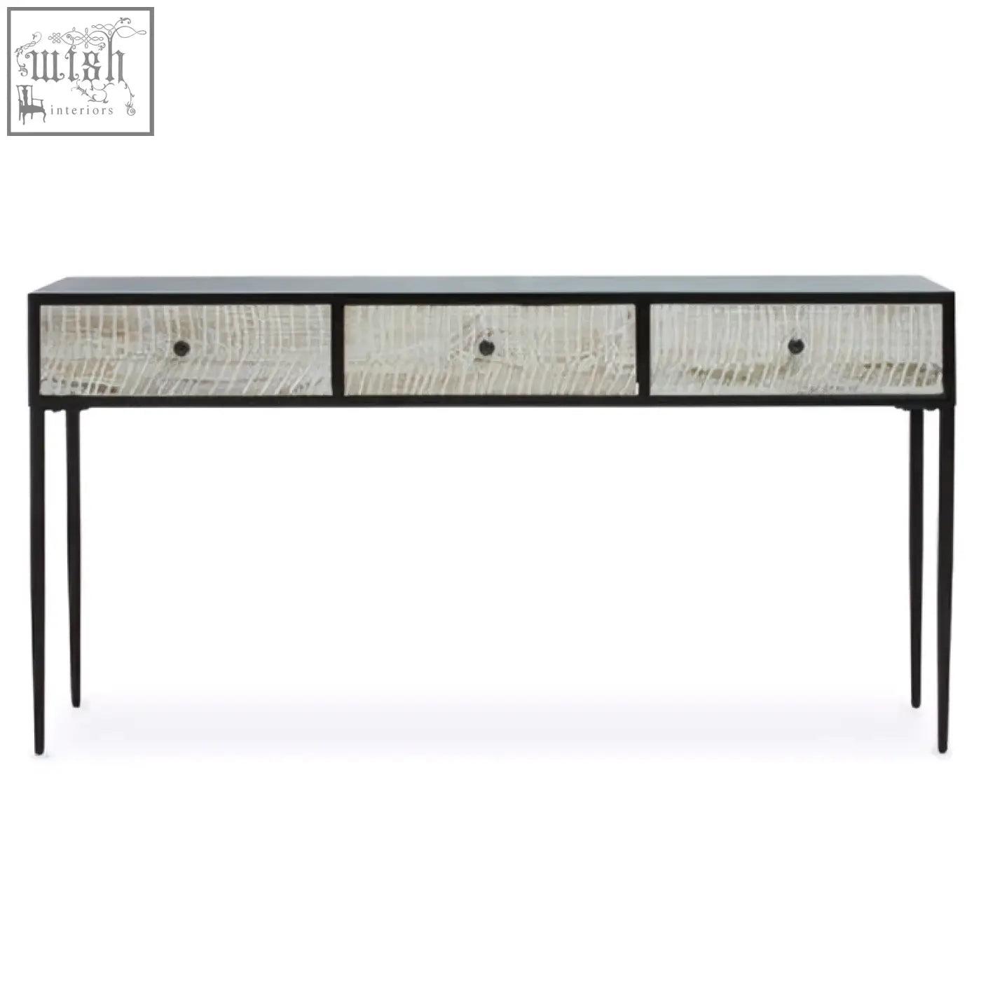 Black-framed luxor three drawer rectangular console table with textured light gray crocodile-embossed finish and black knobs