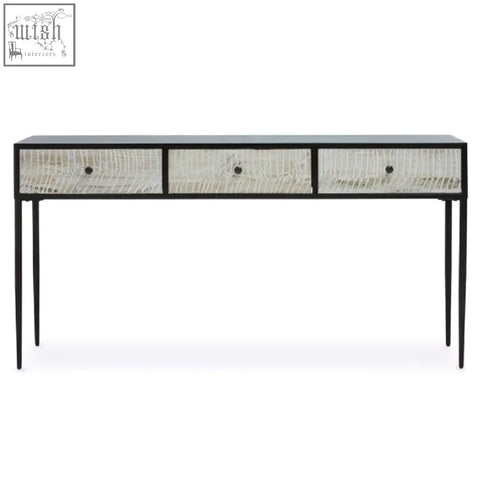 Black-framed luxor three drawer rectangular console table with textured light gray crocodile-embossed finish and black knobs