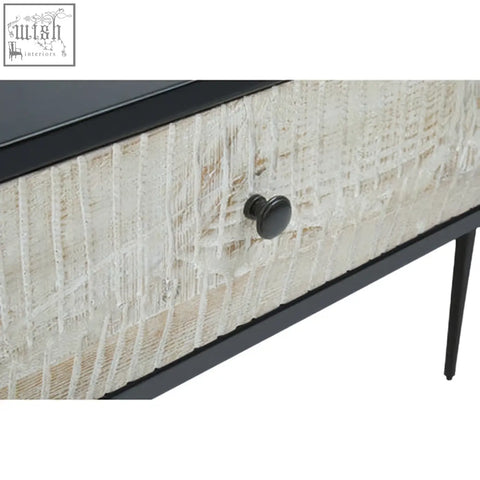 Black metal framed luxor three drawer rectangular console table with textured off white fabric drawer front and round knob