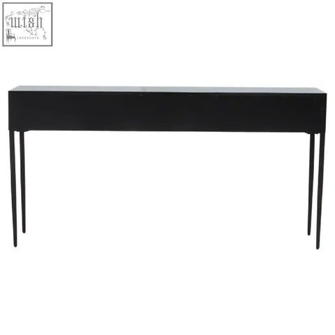 Black minimalist luxor three drawer console table with slender metal legs and rectangular design