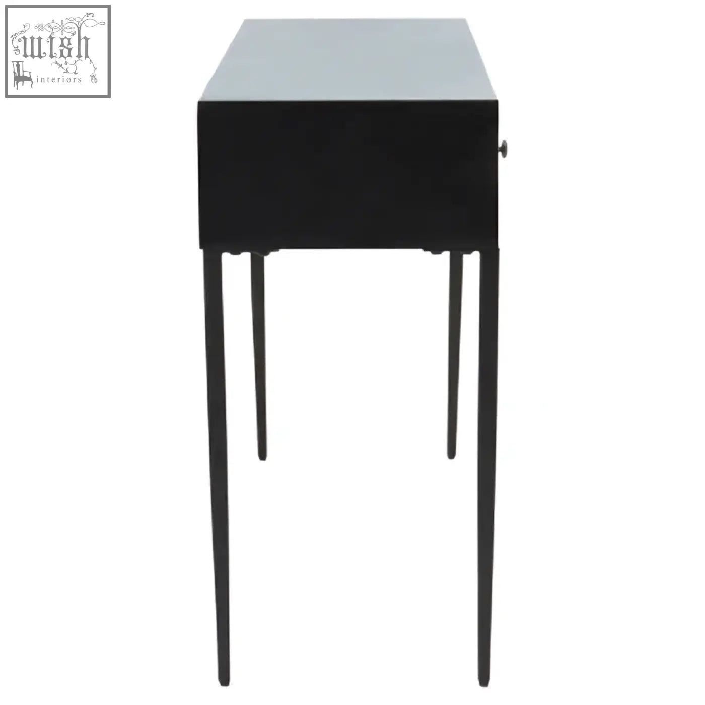 Black luxor three drawer console table with sleek minimalist design and slender legs perfect for narrow spaces