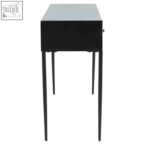 Black luxor three drawer console table with sleek minimalist design and slender legs perfect for narrow spaces