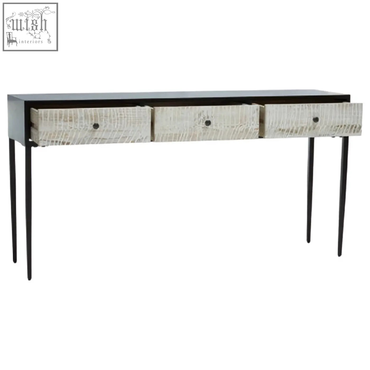Black luxor three drawer rectangular console table with textured white drawers and slender metal legs