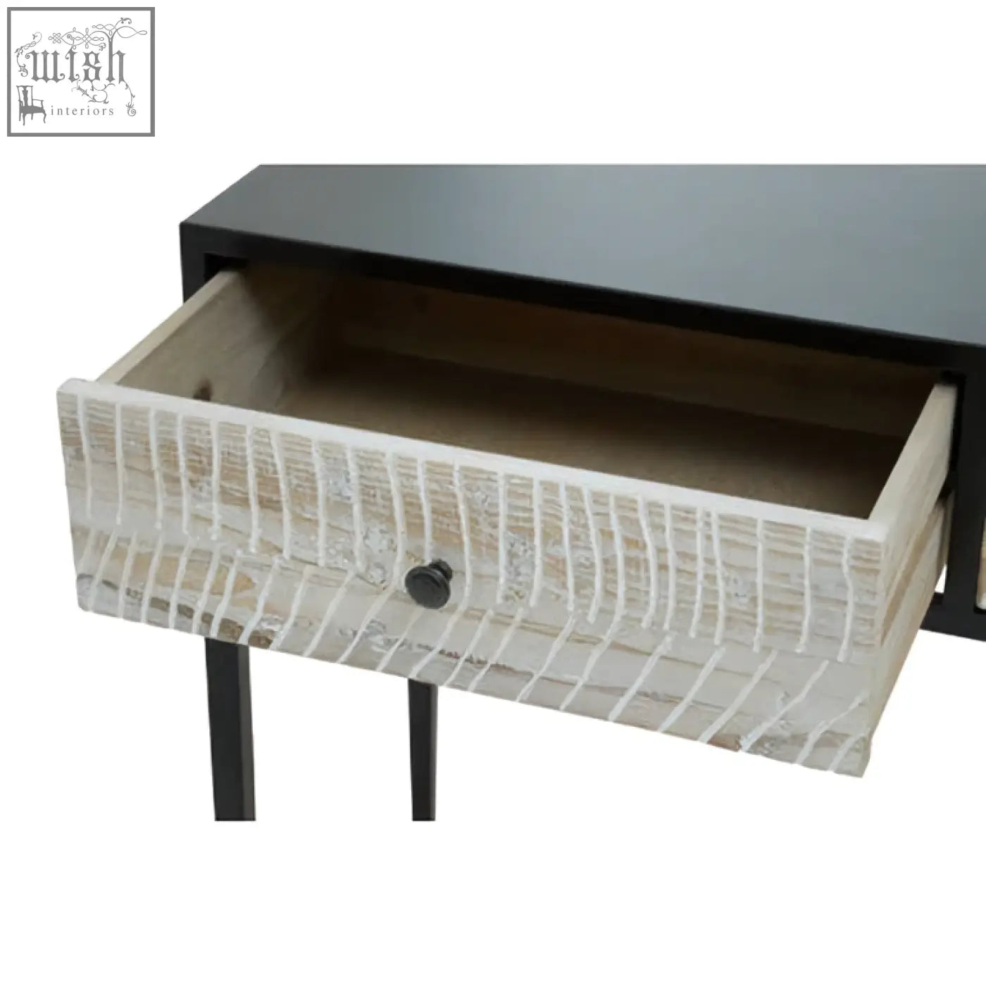 Black and white textured luxor three drawer rectangular console table with a crocodile pattern drawer front