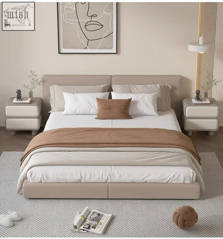 Beige upholstered bed with sleek modern design and matching solid wood bedside table in moroccan style