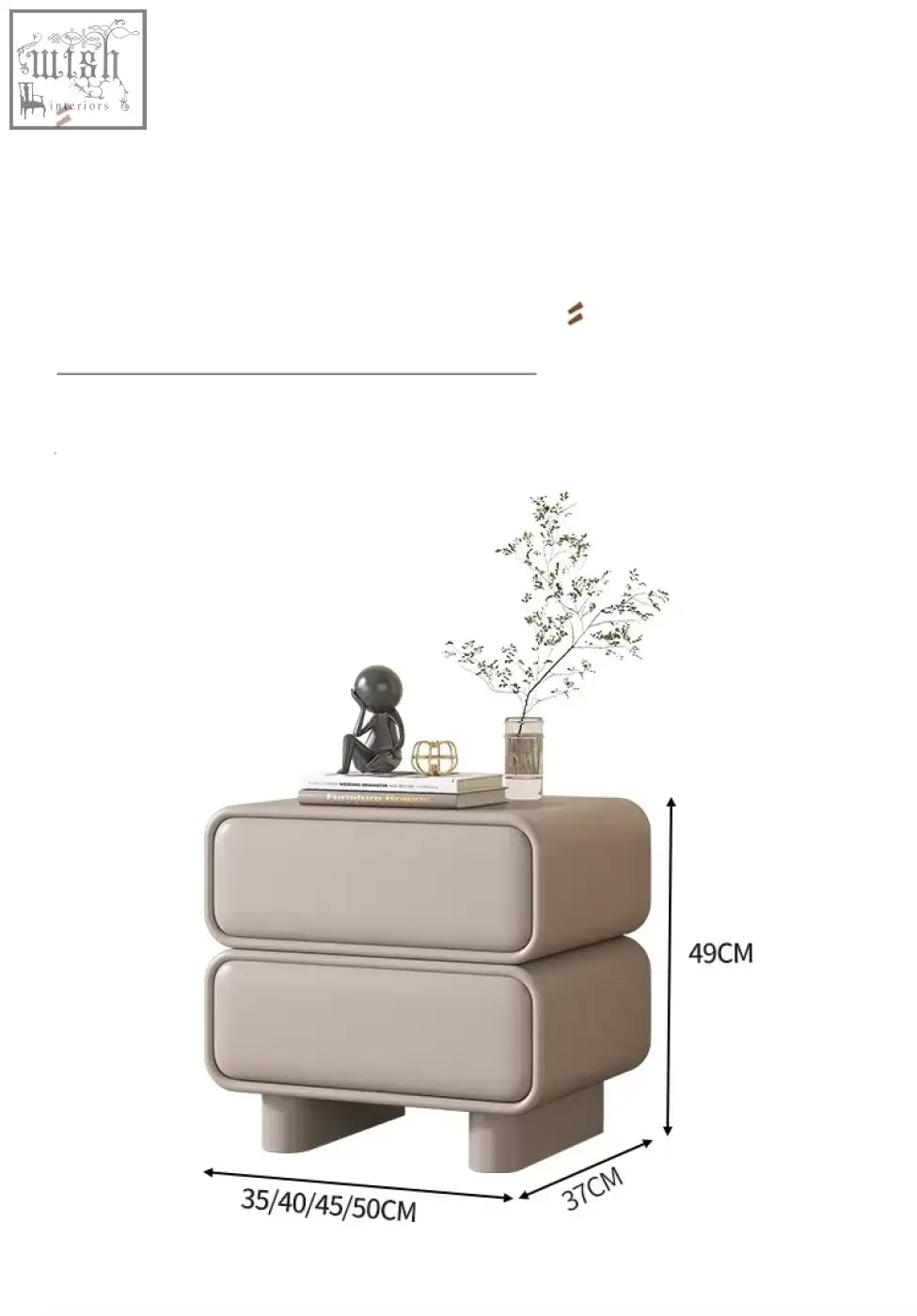 Beige solid wood bedside table with rounded edges and large capacity inspired by moroccan design