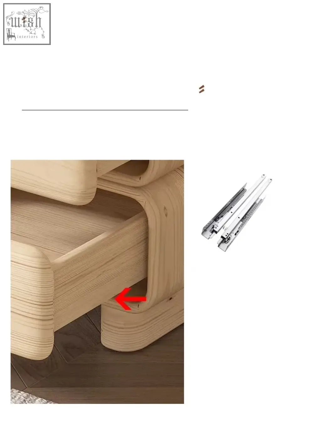 Light-colored solid wood bedside table drawer with smooth rounded edge and visible wood grain moroccan design