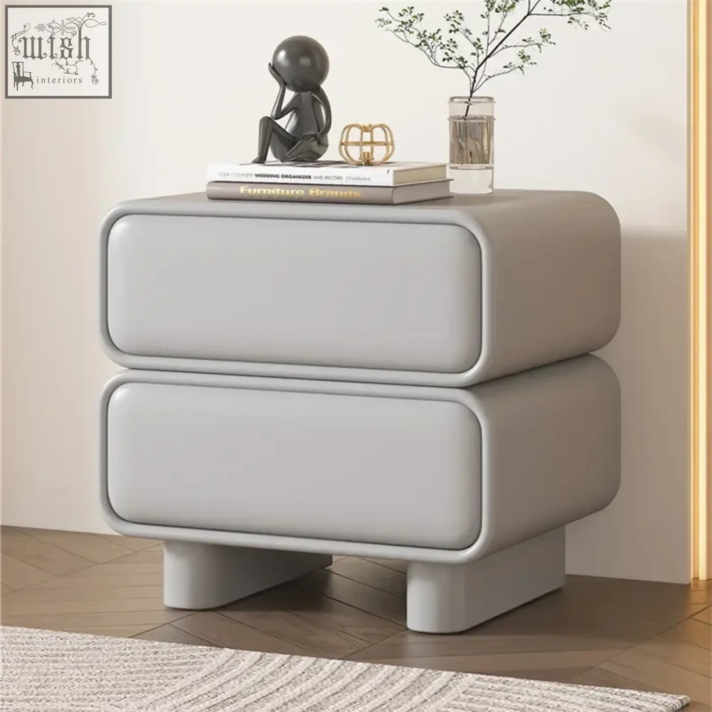 Modern gray solid wood bedside table with two drawers and rounded edges featuring minimalist moroccan design
