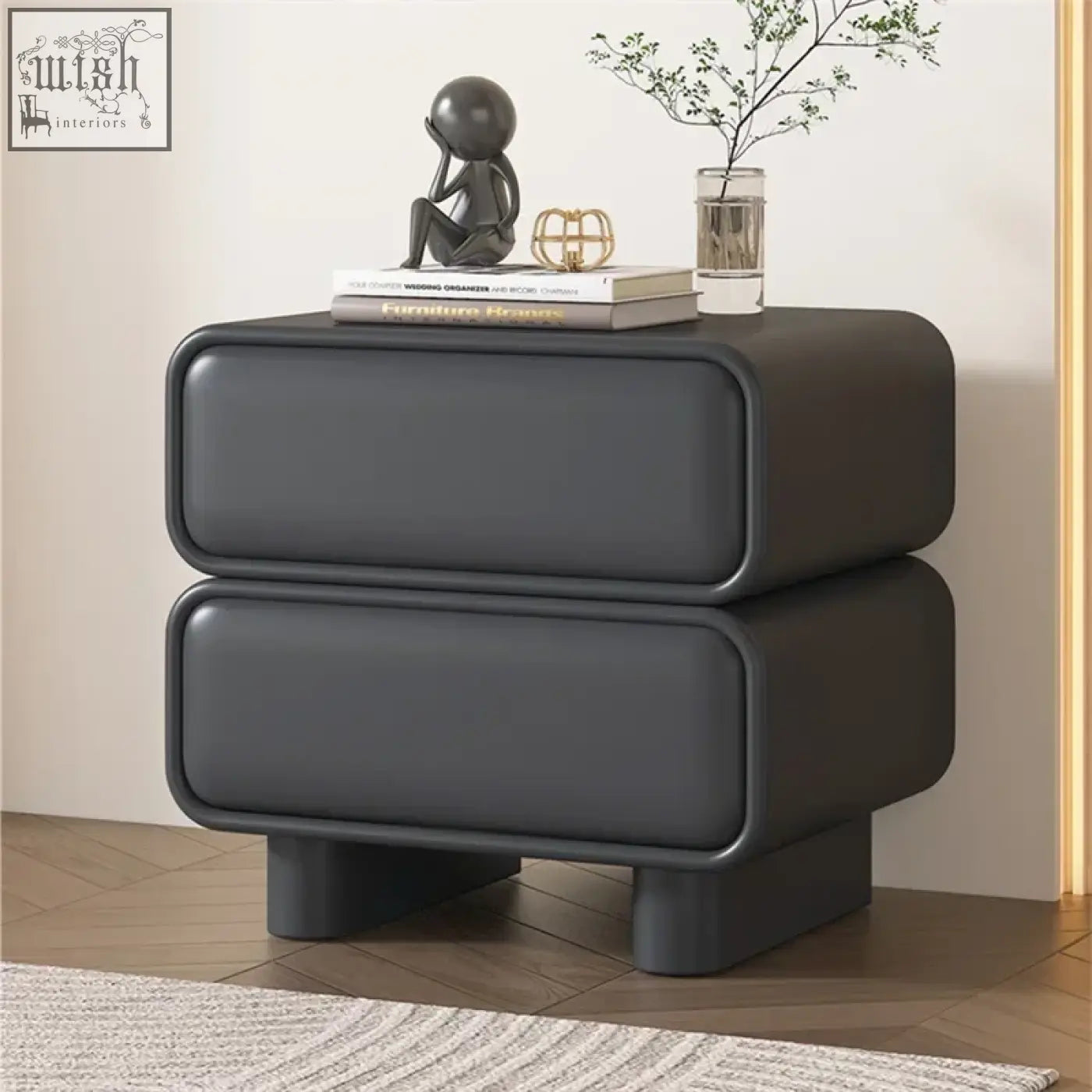 Modern matte black solid wood bedside table with two drawers large capacity and moroccan design influence