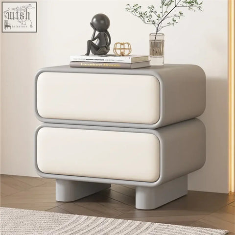 Luxury creative large-capacity bedside table with solid wood frame gray cream faux leather and moroccan design vibes
