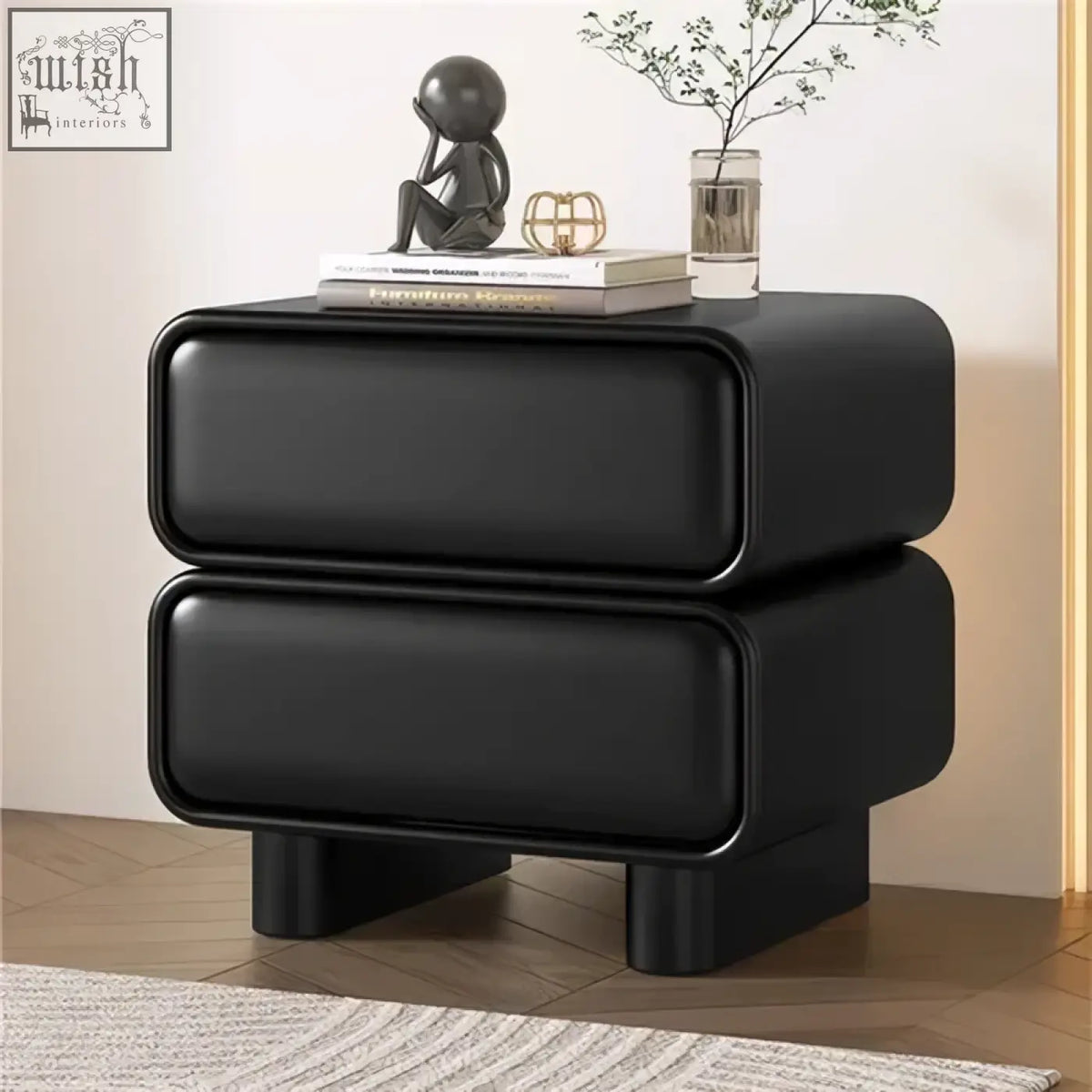 Black solid wood bedside table with two drawers rounded edges and moroccan design in a luxury creative style