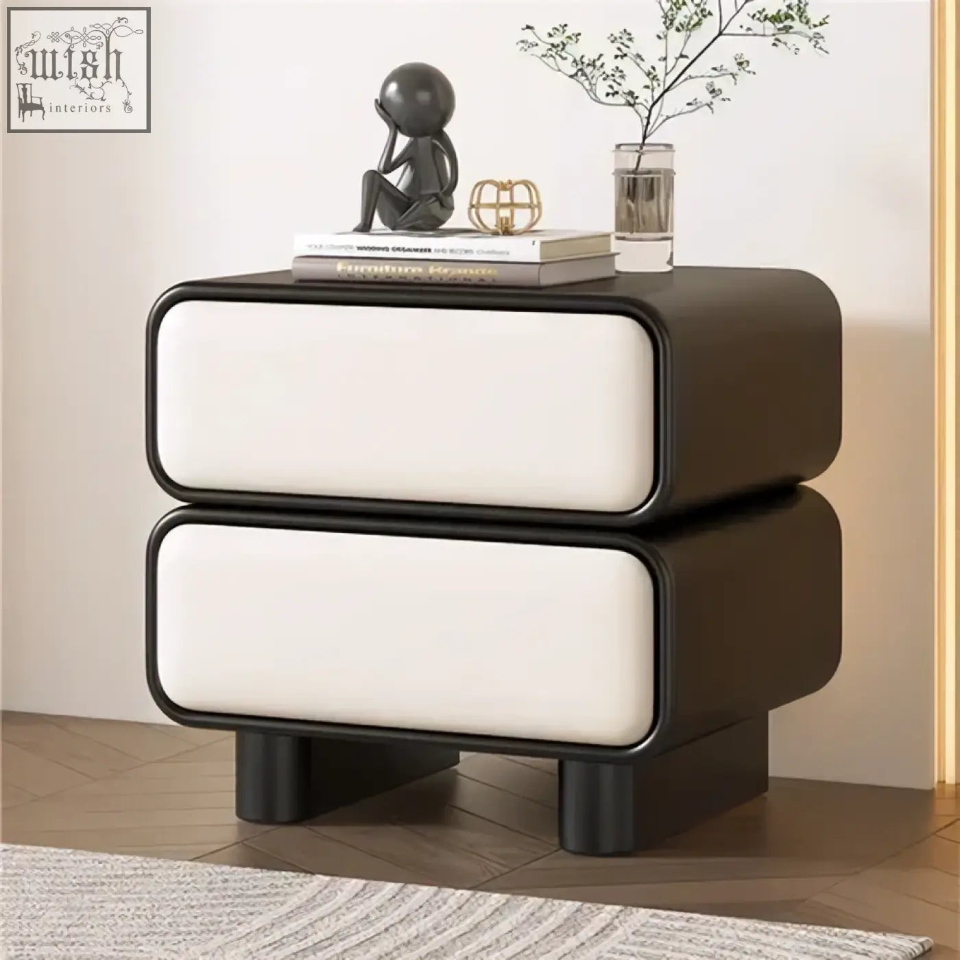 Modern two-drawer solid wood bedside table with sleek black and white panels featuring moroccan design elements