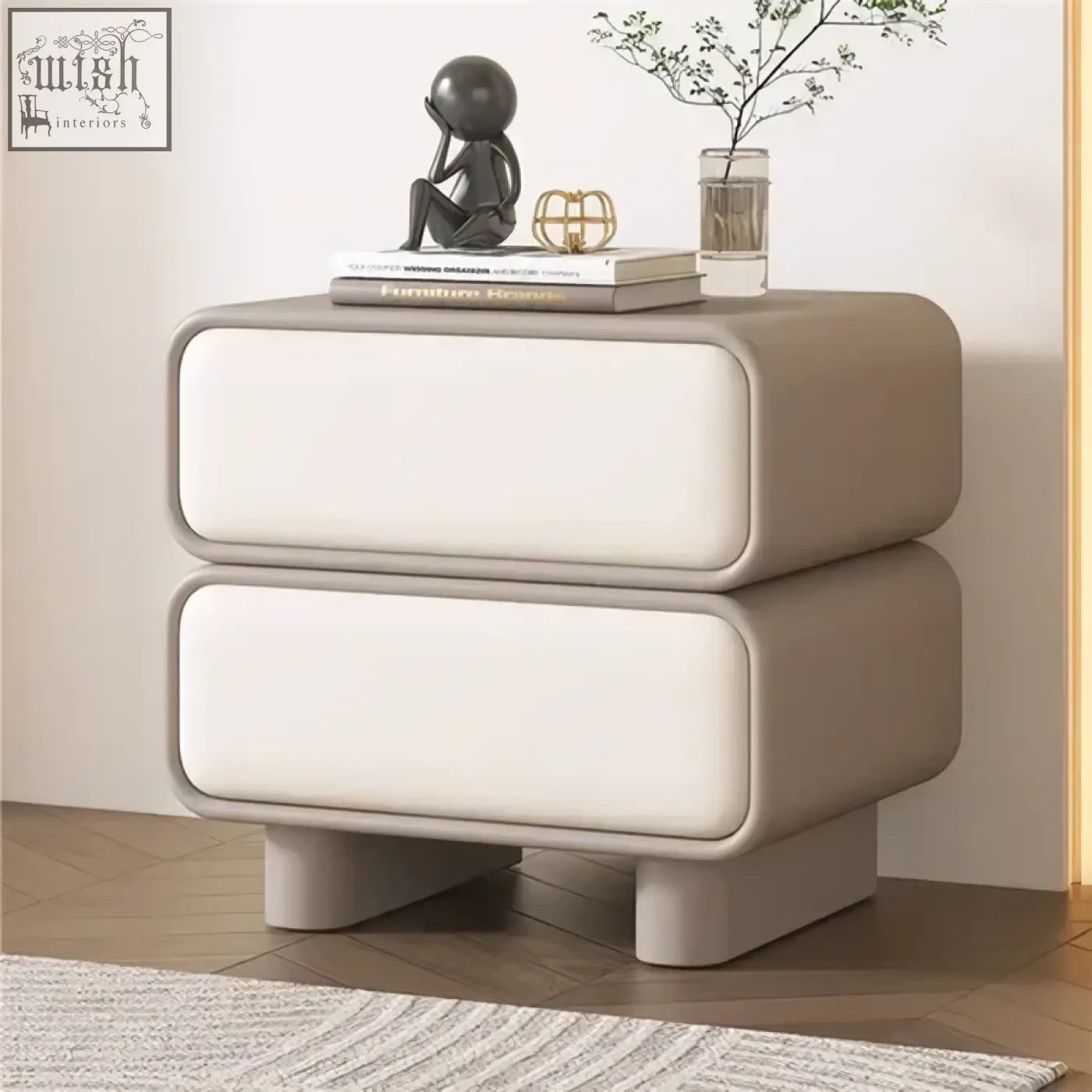 Modern two-drawer bedside table with solid wood block legs beige and white faux leather in moroccan design style
