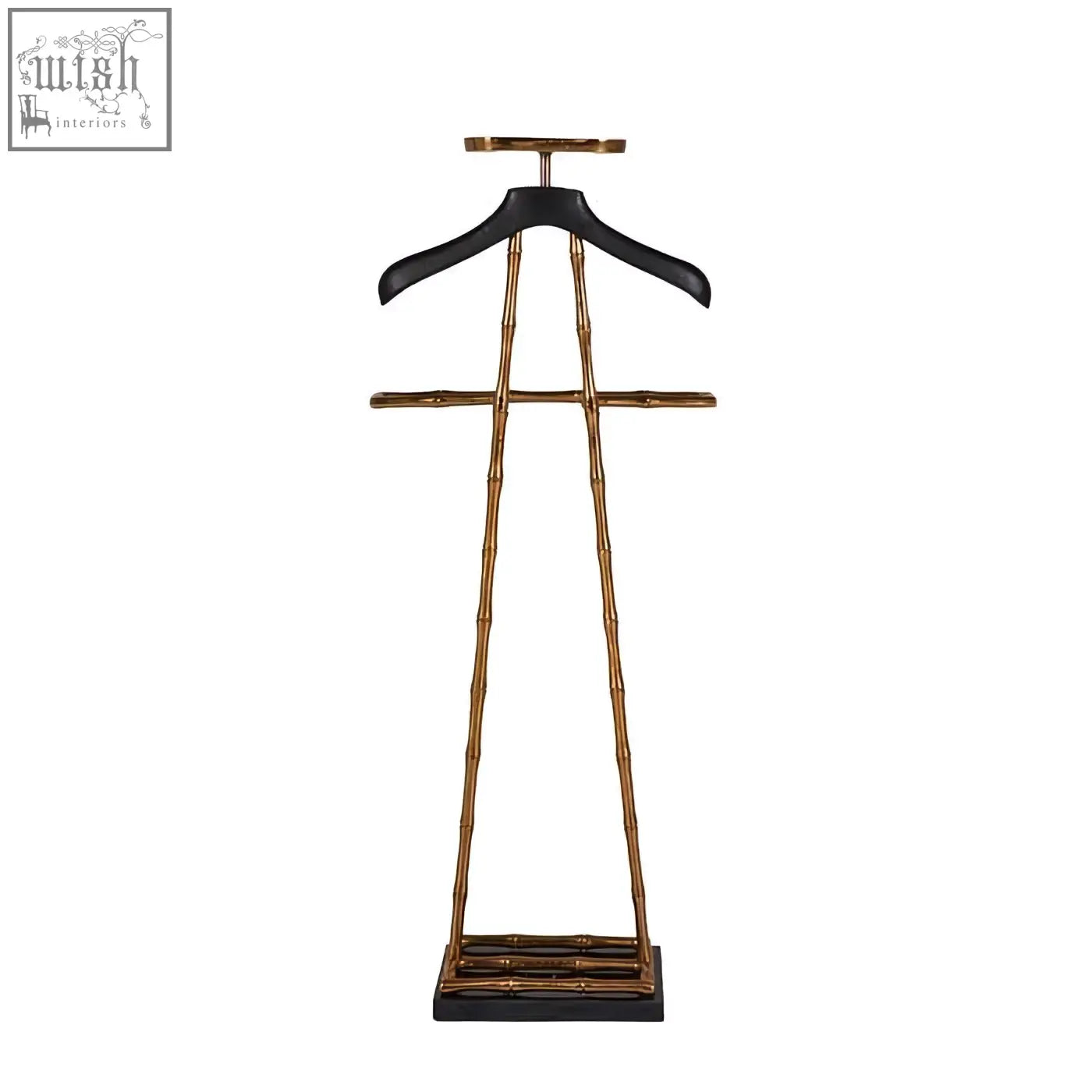 Gold-finished vintage brass bamboo-style garment stand with black wooden coat hanger and leather shoulder pad base