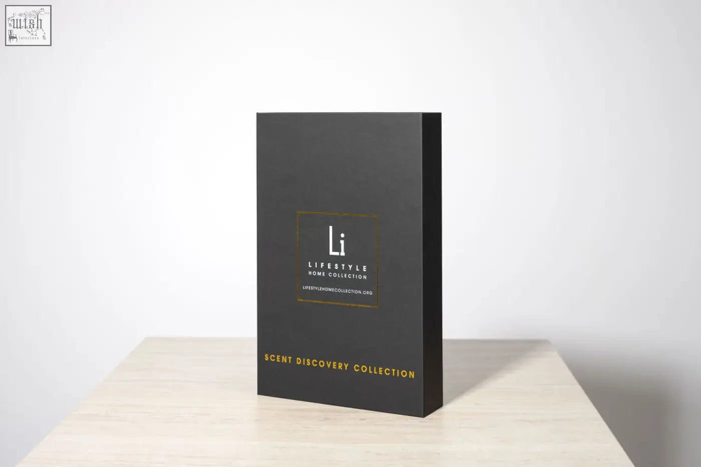 Black rectangular luxury fragrance discovery set with gold foil lettering from li lifestyle home collection