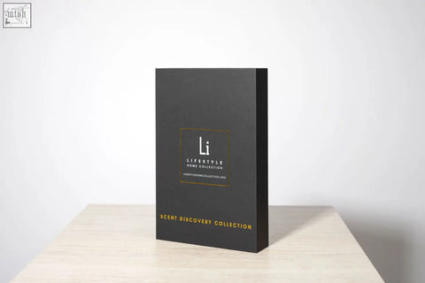 Black rectangular luxury fragrance discovery set with gold foil lettering from li lifestyle home collection