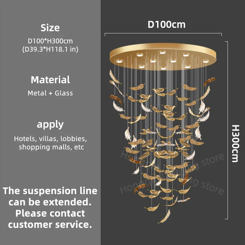Luxury glass led chandelier with gold and white feather-shaped glass panels and metal construction for hanging decor
