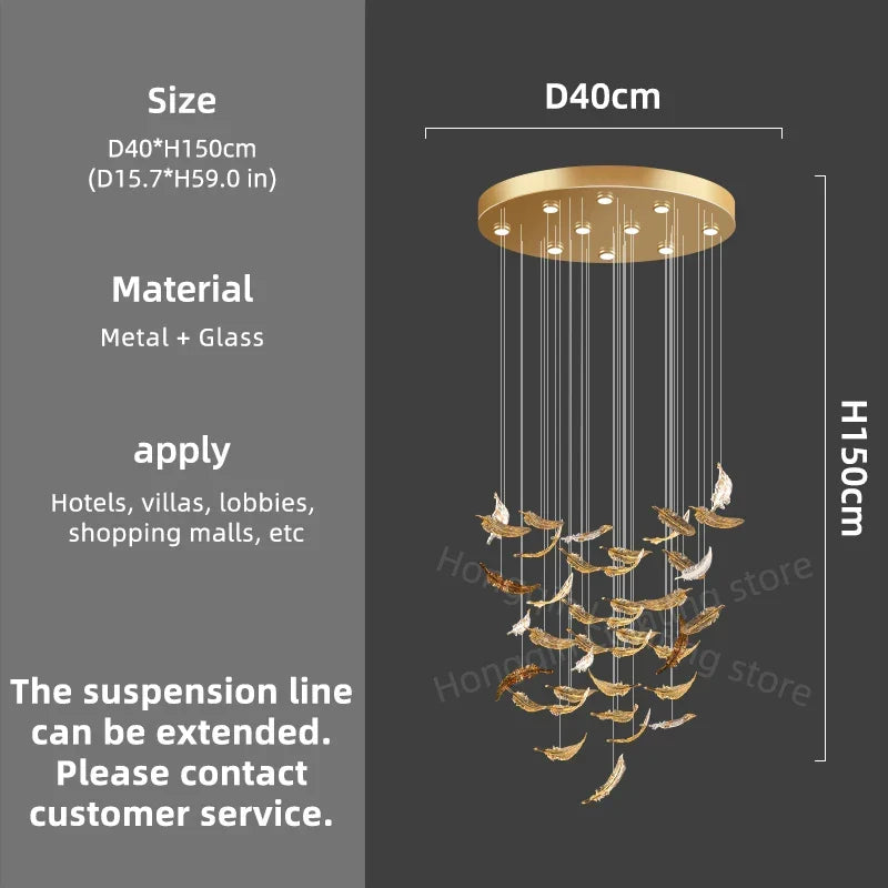 Luxury glass led chandelier with gold-toned circular metal frame and feather-shaped glass panels hanging ornaments