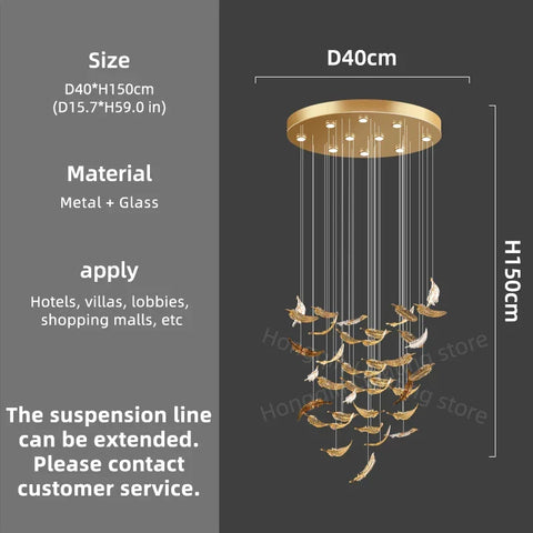 Luxury glass led chandelier with gold-toned circular metal frame and feather-shaped glass panels hanging ornaments