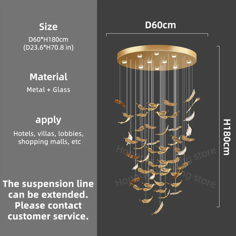 Luxury glass led chandelier with gold-toned metal, glass panels, and feather-shaped ornaments hanging from thin cords