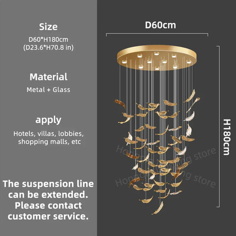 Luxury glass led chandelier with gold-toned metal, glass panels, and feather-shaped ornaments hanging from thin cords