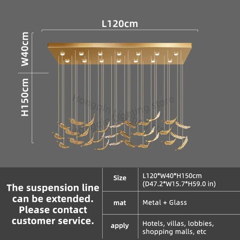 Luxury glass led chandelier with gold metallic frame and hanging feather-like glass panels for elegant lighting