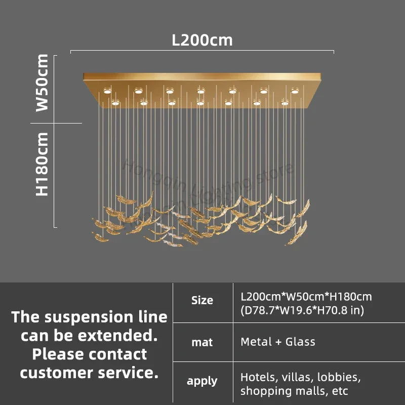 Luxury glass led chandelier with gold metallic finish glass panels and hanging bird-shaped ornaments for elegant decor