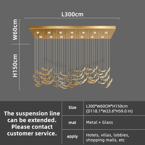 Luxury glass led chandelier with gold rectangular frame and hanging feather-like glass panels for elegant lighting