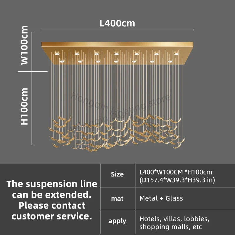 Gold-colored luxury glass led chandelier with rectangular metal frame and multiple hanging glass panels