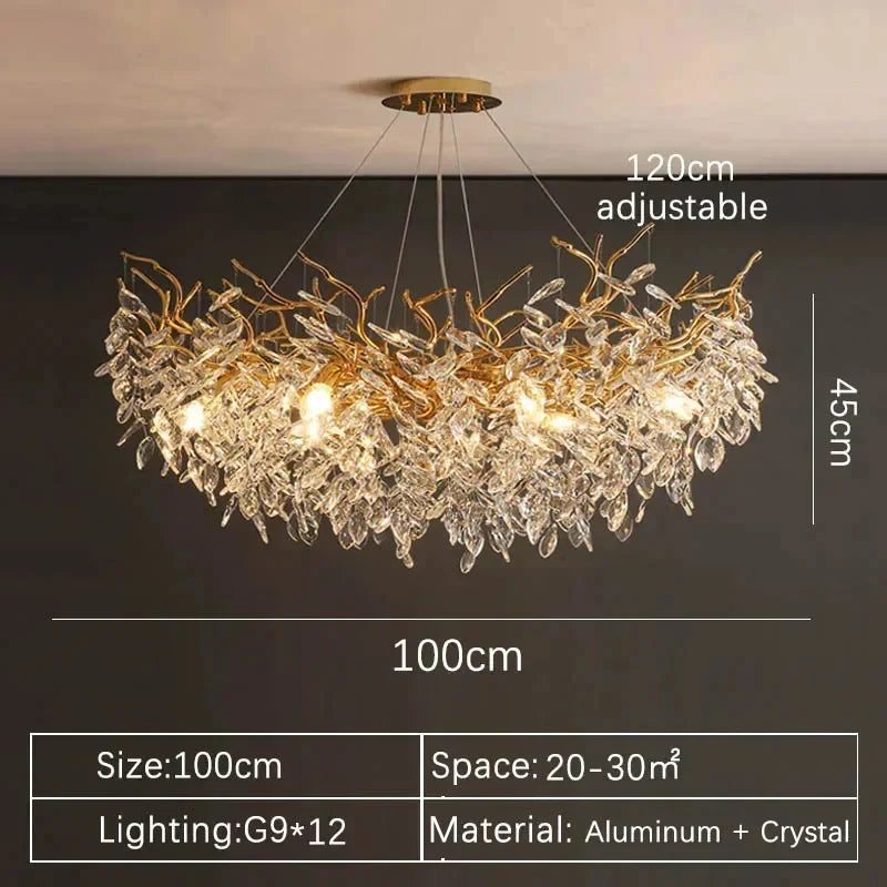 A luxurious gold crystal led ceiling pendant lamp with cascading aluminum and crystal leaves for indoor villa lights
