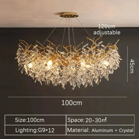 A luxurious gold crystal led ceiling pendant lamp with cascading aluminum and crystal leaves for indoor villa lights