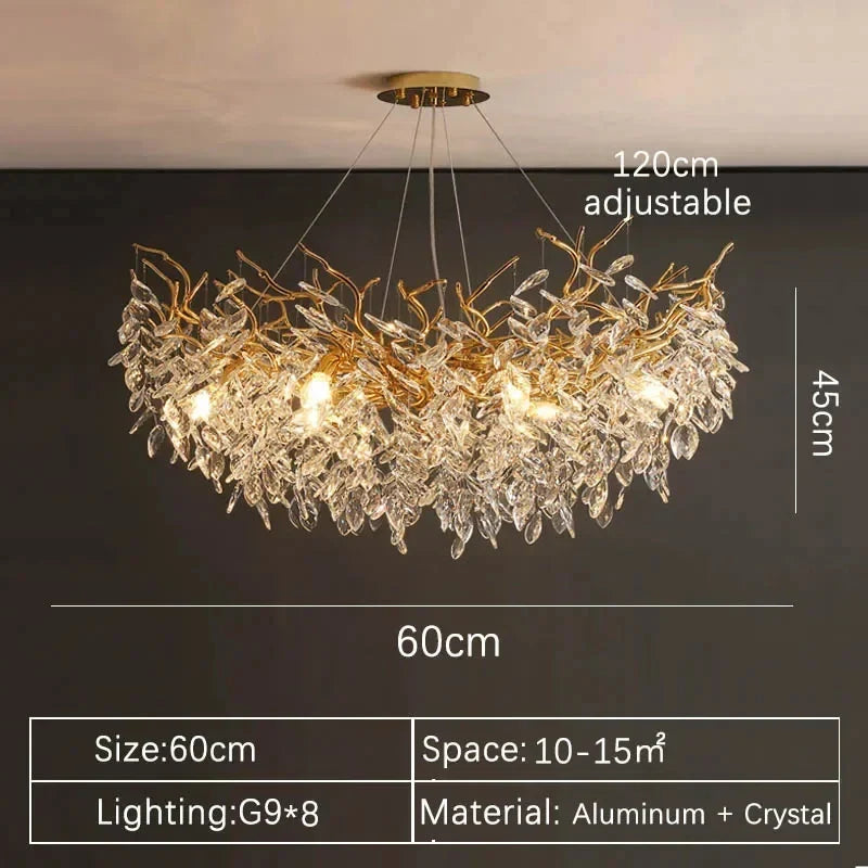 A golden leaf-shaped chandelier with clear crystal accents and eight g9 bulbs perfect for indoor villa lights fixture