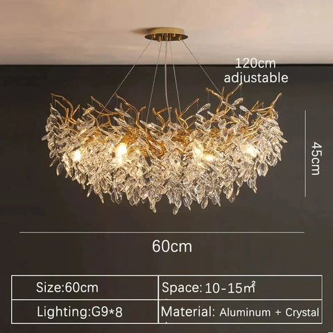 A golden leaf-shaped chandelier with clear crystal accents and eight g9 bulbs perfect for indoor villa lights fixture