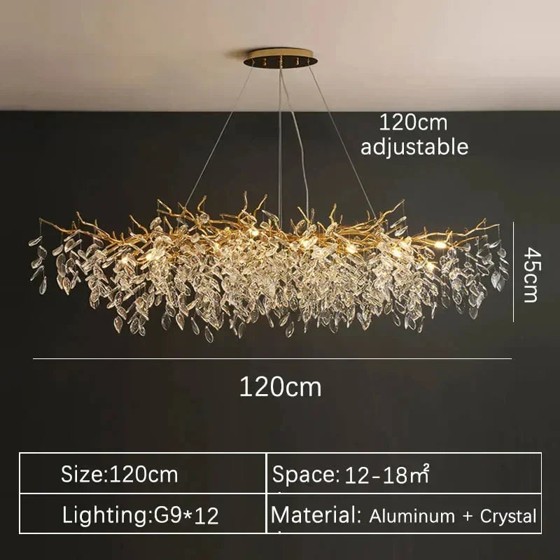 A 120cm adjustable gold aluminum chandelier with clear crystal leaves perfect for indoor villa lights fixture