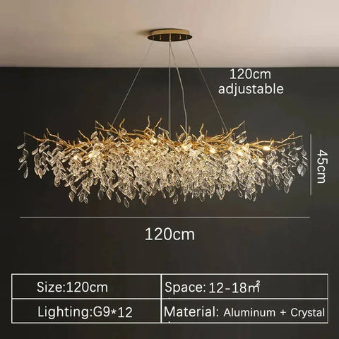 A 120cm adjustable gold aluminum chandelier with clear crystal leaves perfect for indoor villa lights fixture
