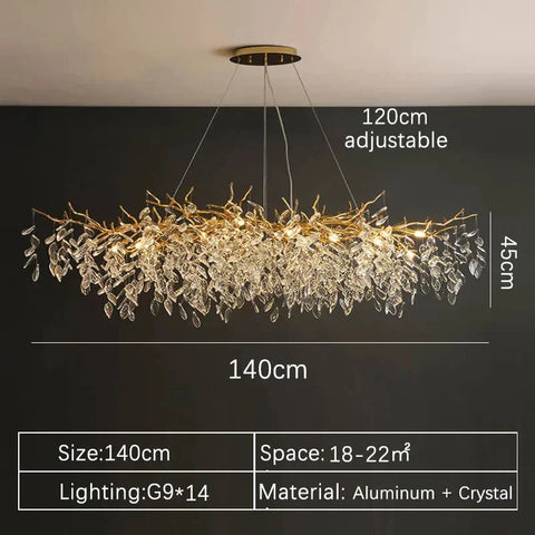 A 140cm adjustable chandelier with a golden aluminum frame and clear crystal leaves for indoor villa lights fixture