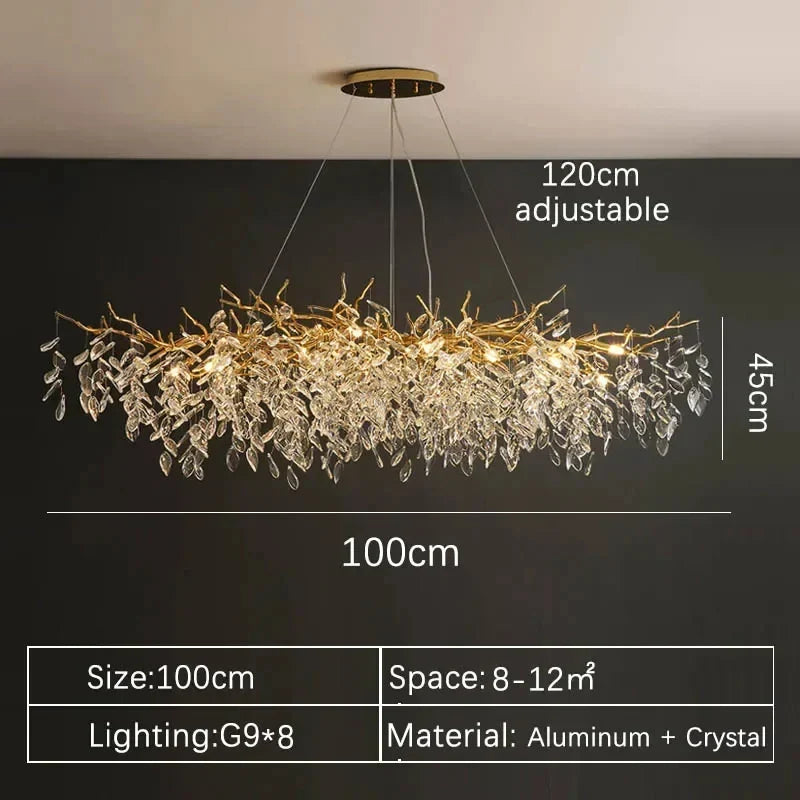 A modern 100cm wide gold aluminum chandelier with cascading clear crystal leaves for indoor villa lights fixture